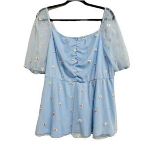 BloomChic Floral Daisy Blouse 18-20 Smocked 3/4 Balloon Sleeve Blue Mesh Top NWT